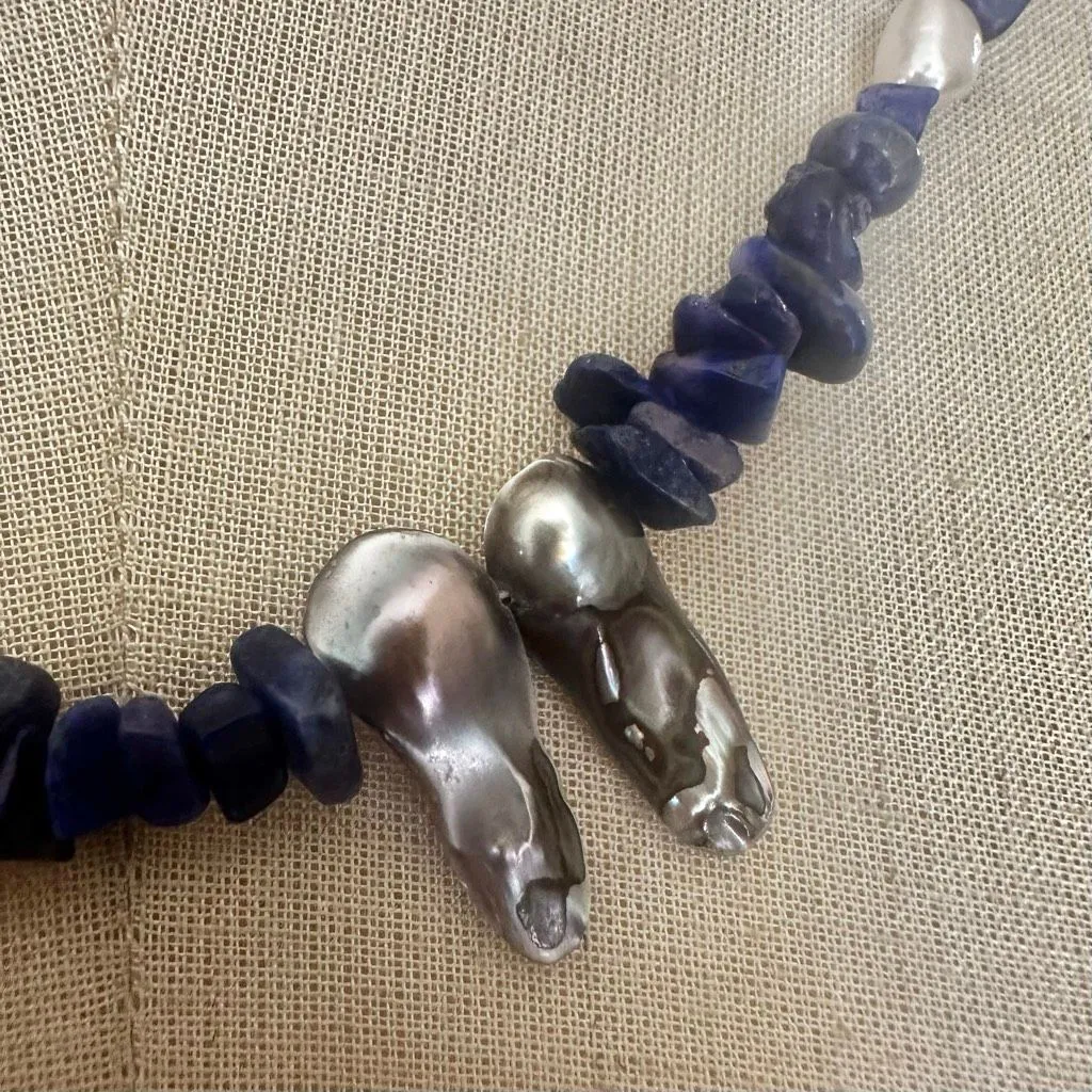 Lapis Lazuli & Freshwater Pearl Double Strand Necklace Blue - Image 2