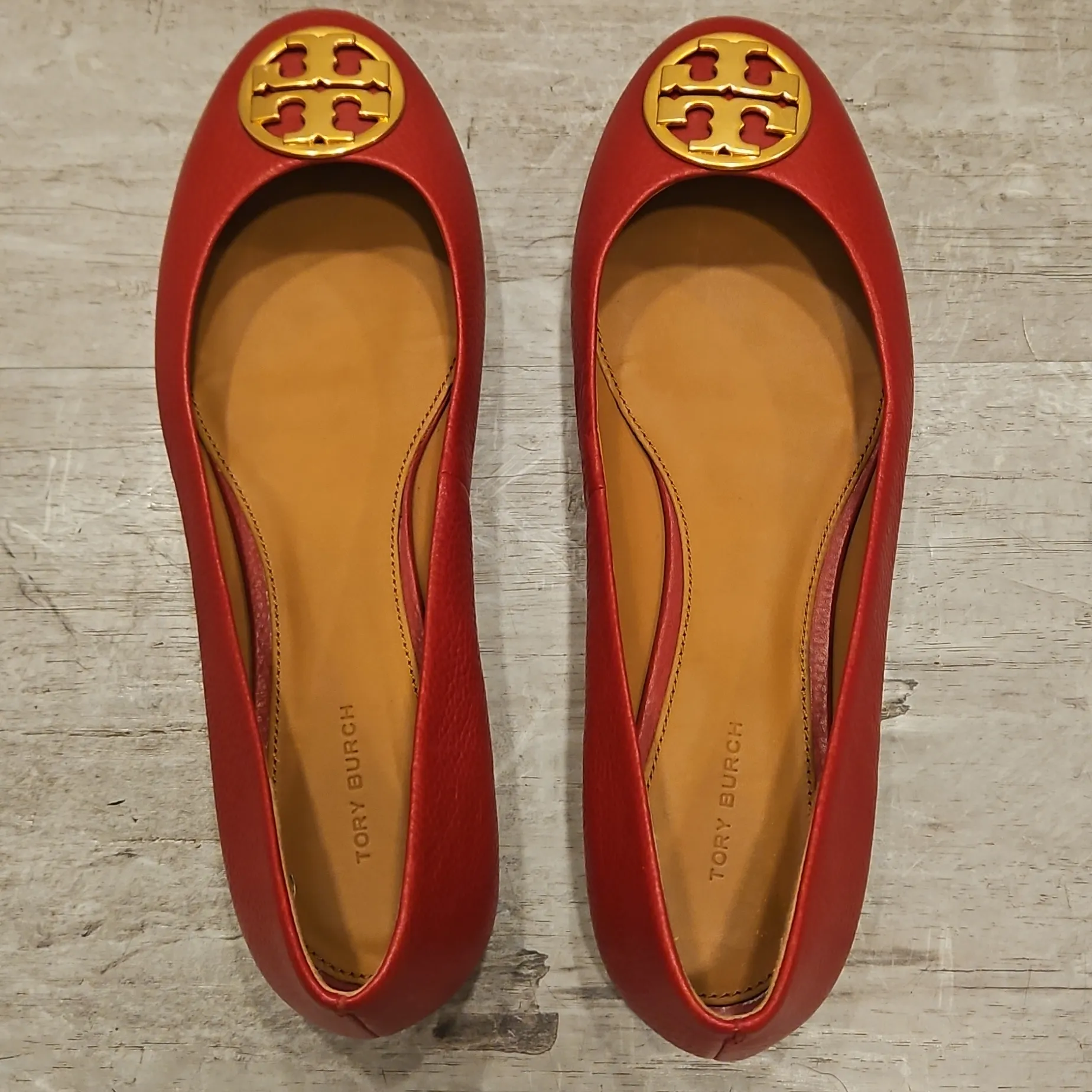 💕TORY BURCH Chelsea Ballet Flat Tumbled Leather Tory Red/Rolled Brass 10.5 NWOT - Image 5