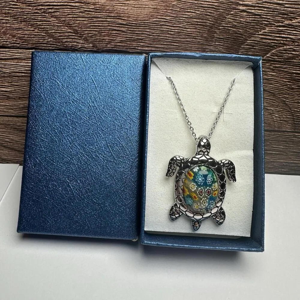 Turtle Pendant Multi Color Glass Chain Necklace Silver Tone NWT Stainless Steel - Image 5