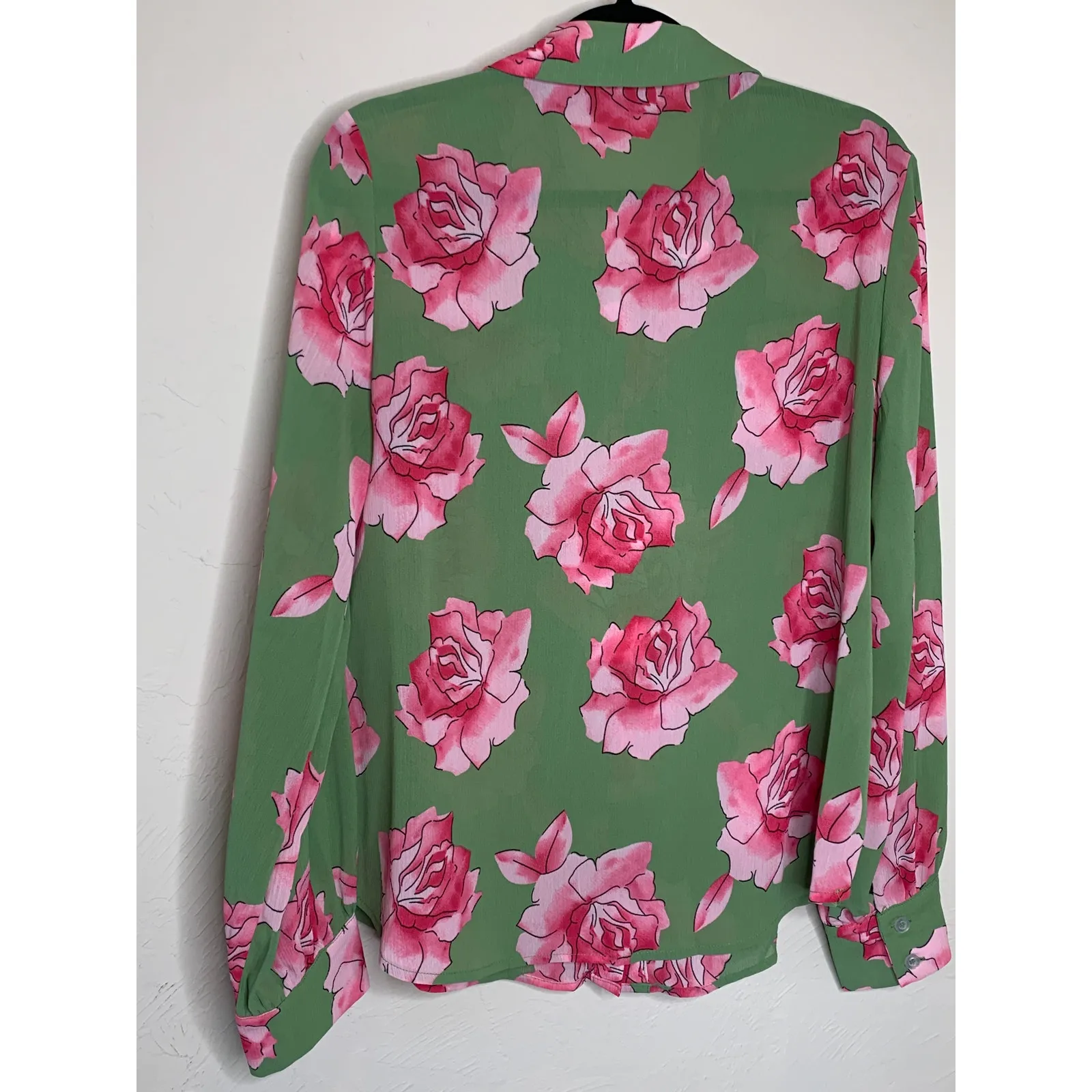 Green Pink Flowy Blouse Sz Large Preppy Career - Image 6