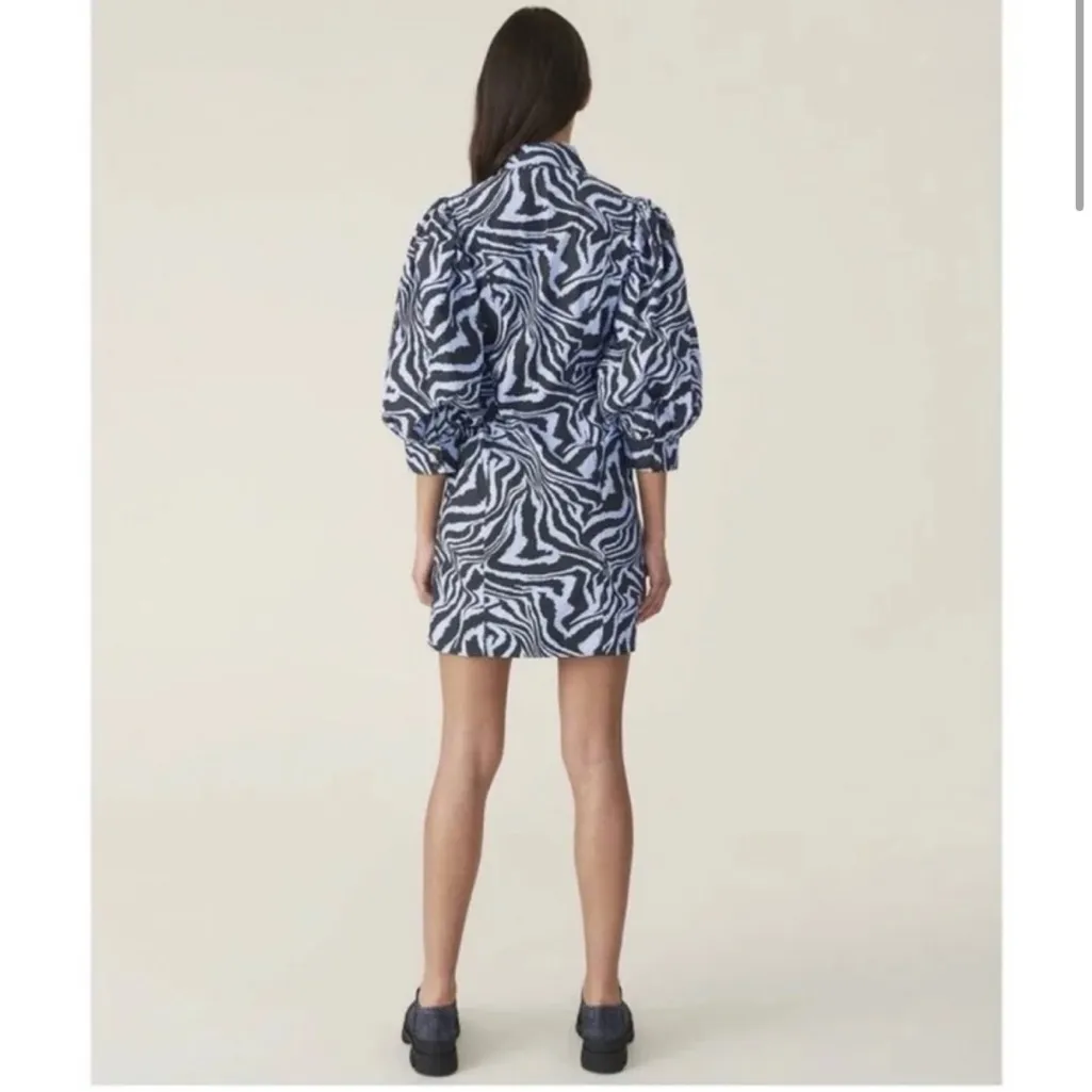 Ganni Blue Black Zebra Animal Print Puff Sleeve Mini Dress Size Small - Image 4