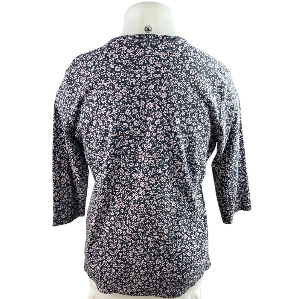 L.L. Bean Blue Pink Floral Half Zip Notch Neck T Shirt Tee Blouse Top Size XL - Image 2