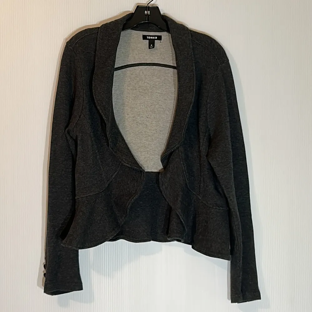Torrid Gray Military Ruffle Ponte Blazer/ Jacket/Cardigan Size 0 Cotton - Image 5