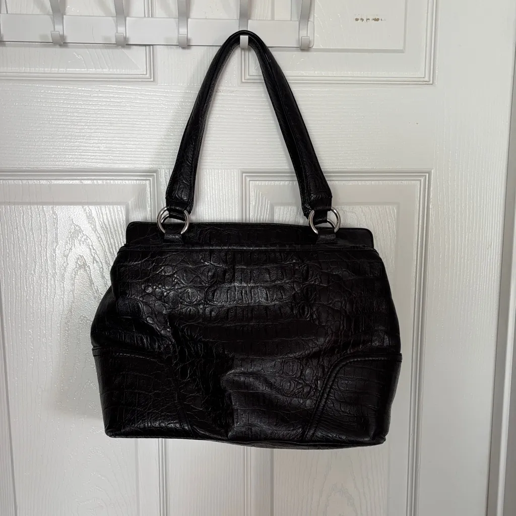 Talbots  Black Crocodile-Embossed Leather Shoulder Bag - Image 2