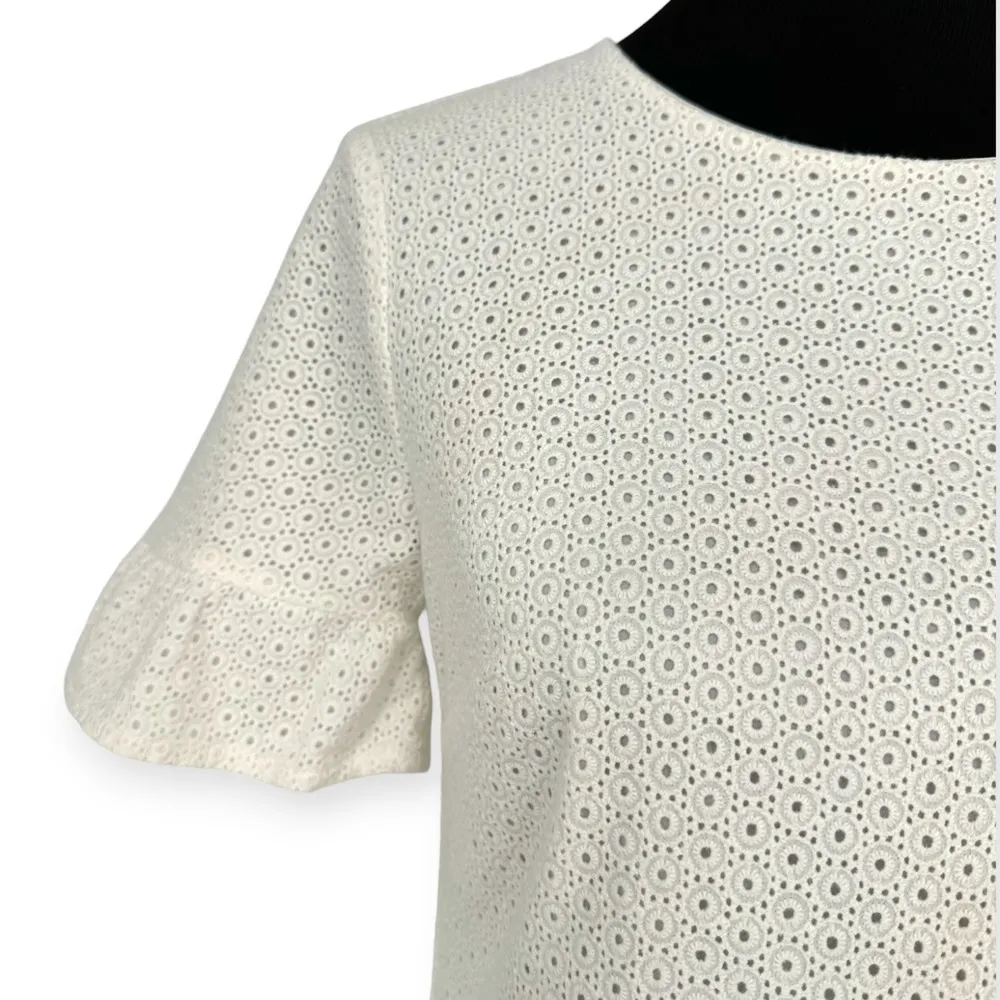 Trina Turk | White Circle Eyelet Short Ruffle Sleeve Back Zip Midi Shift Dress - Image 3