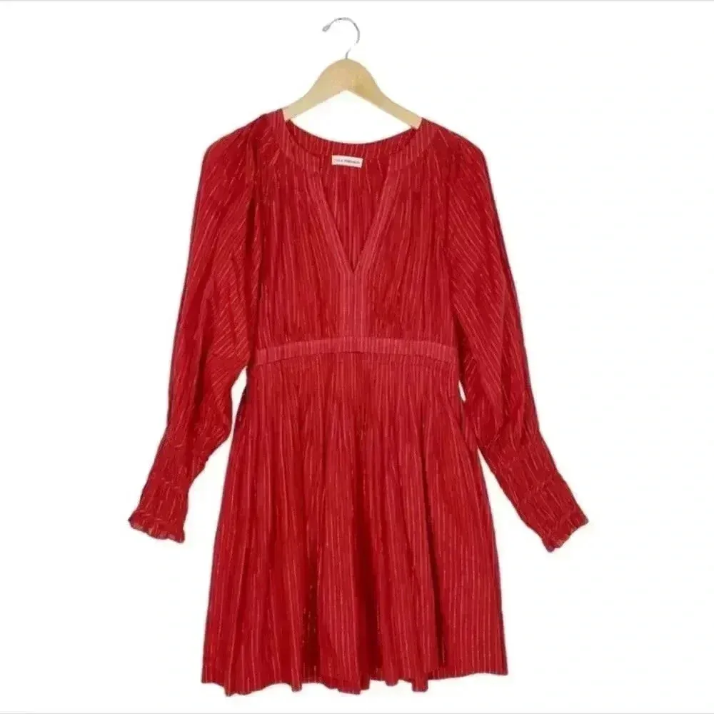 NWOT ULLA JOHNSON Metallic Cotton Long Sleeve Red Ruby Rory Dress Pockets Size 6 - Image 9