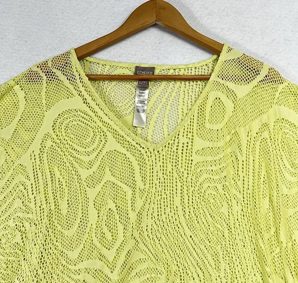 Chicos Open Knit Crochet Swim Cover Up Sweater Boho Pullover V-Neck Beach XL/ L - Image 3