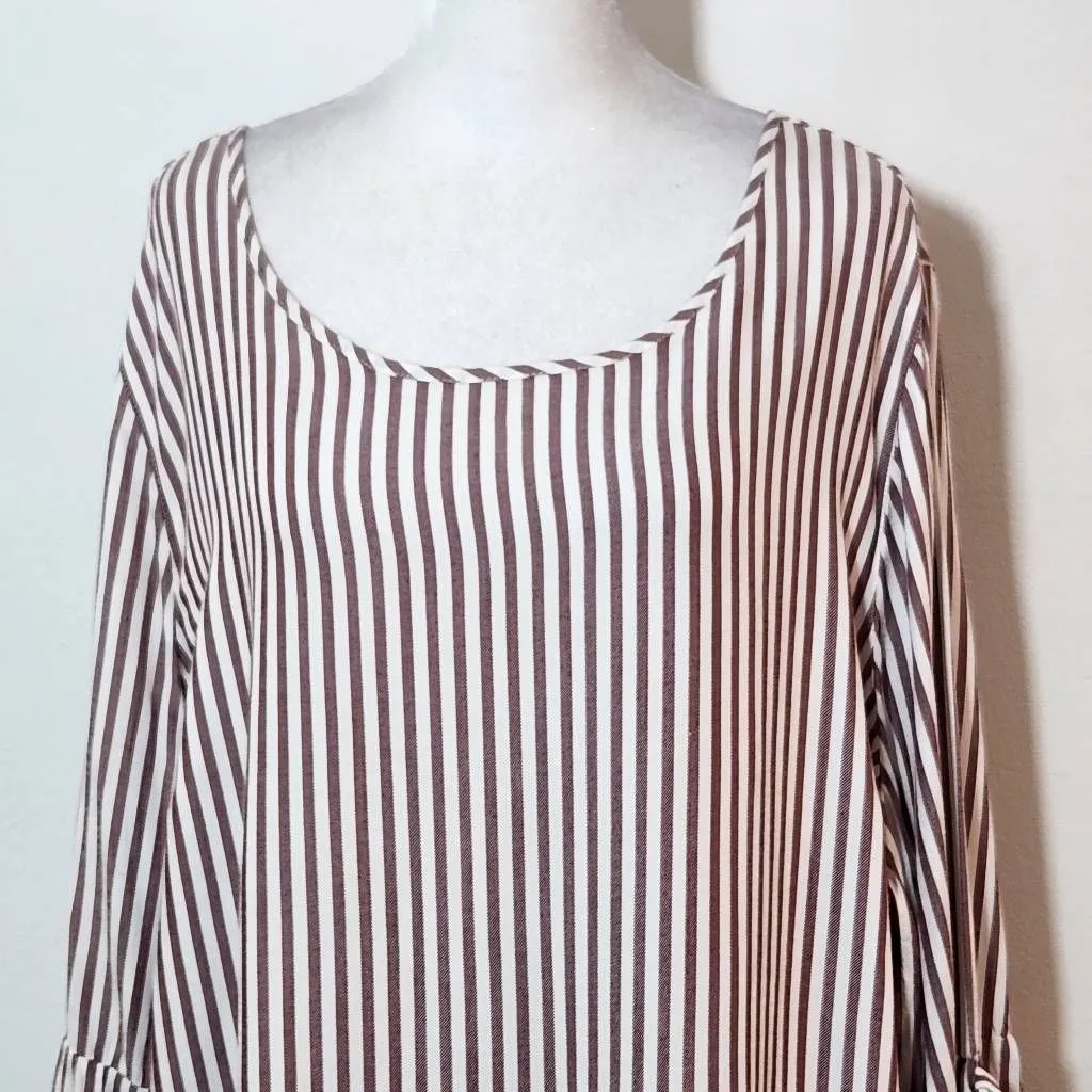 Como Blu Oxblood Stripe Blouse with Bell Sleeves Size 2X Burgundy and White Top Red - Image 2