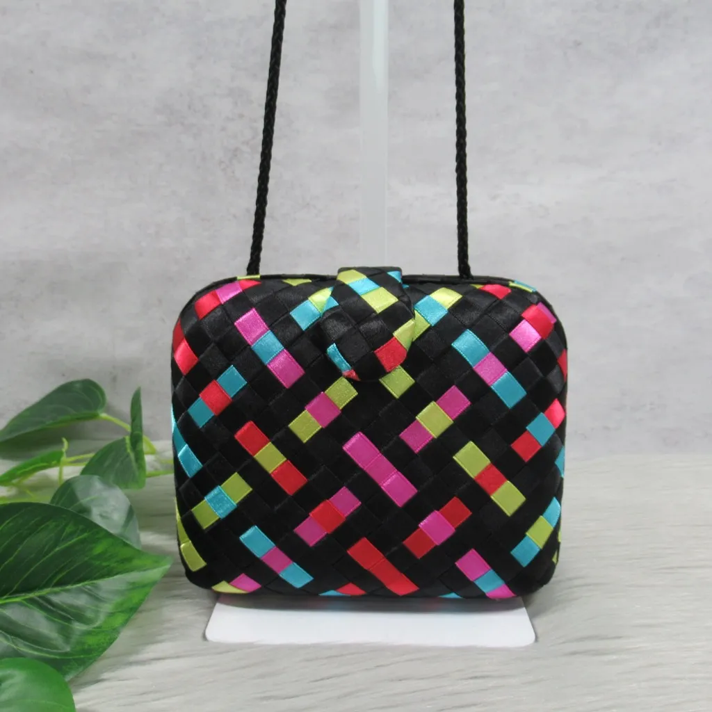 GENIE Vintage Woven Satin Ribbon Hard Box Mini Purse Black - Image 4