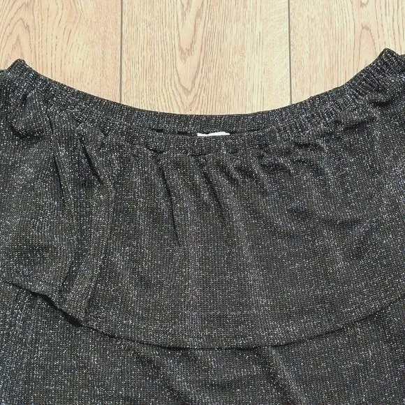 Umgee Womens L Large Shimmery Black Silver Ruffle Off-Shoulder Blouse Top Shirt - Image 2