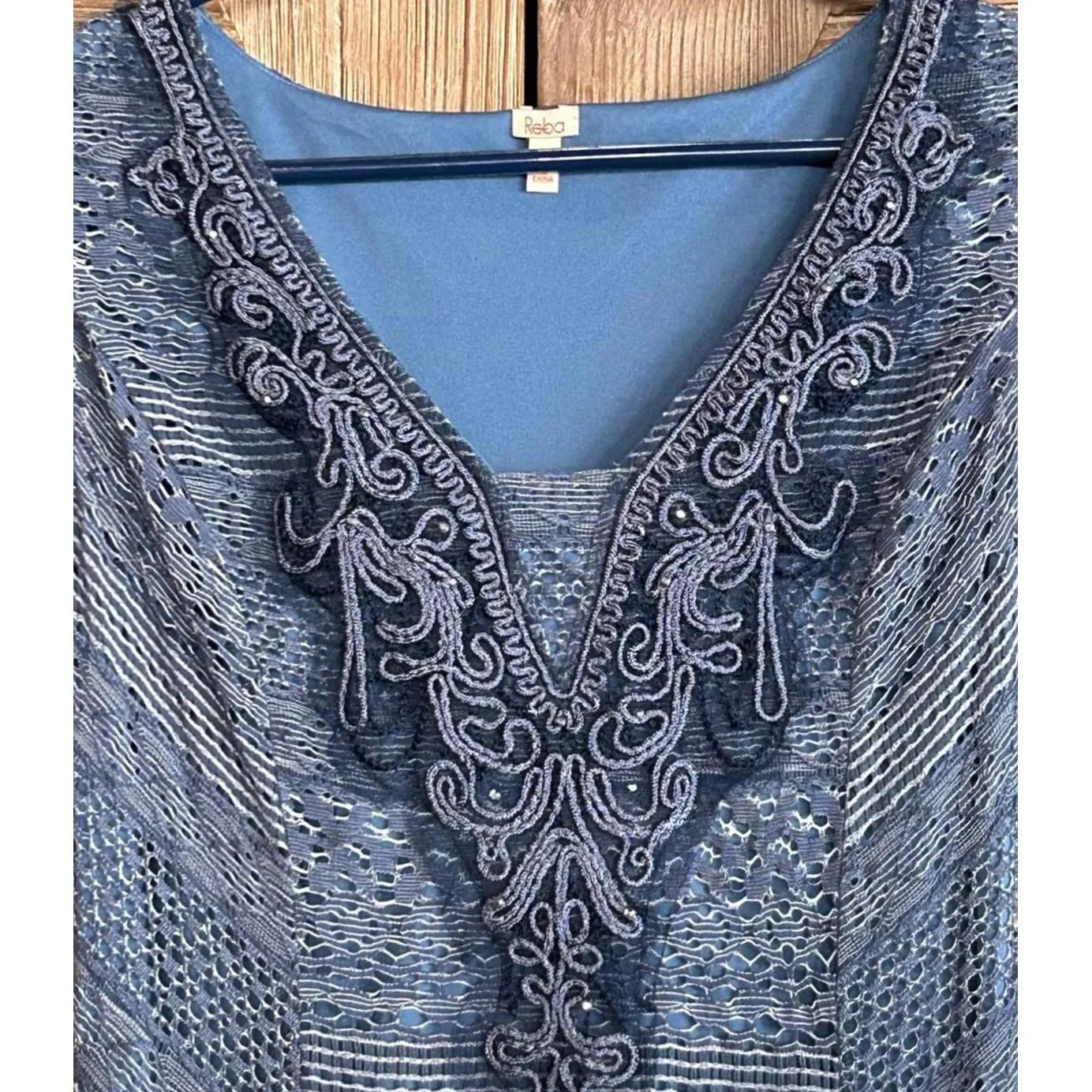 Reba Womens Blue Midi Dress Size S Lace Embroidery Flared - Image 2