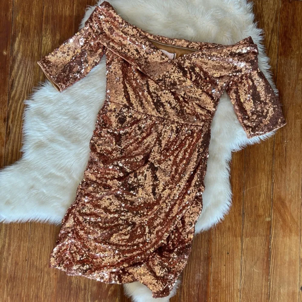 Sequin Rose Gold Off the Shoulder Mini Formal Dress - Image 3