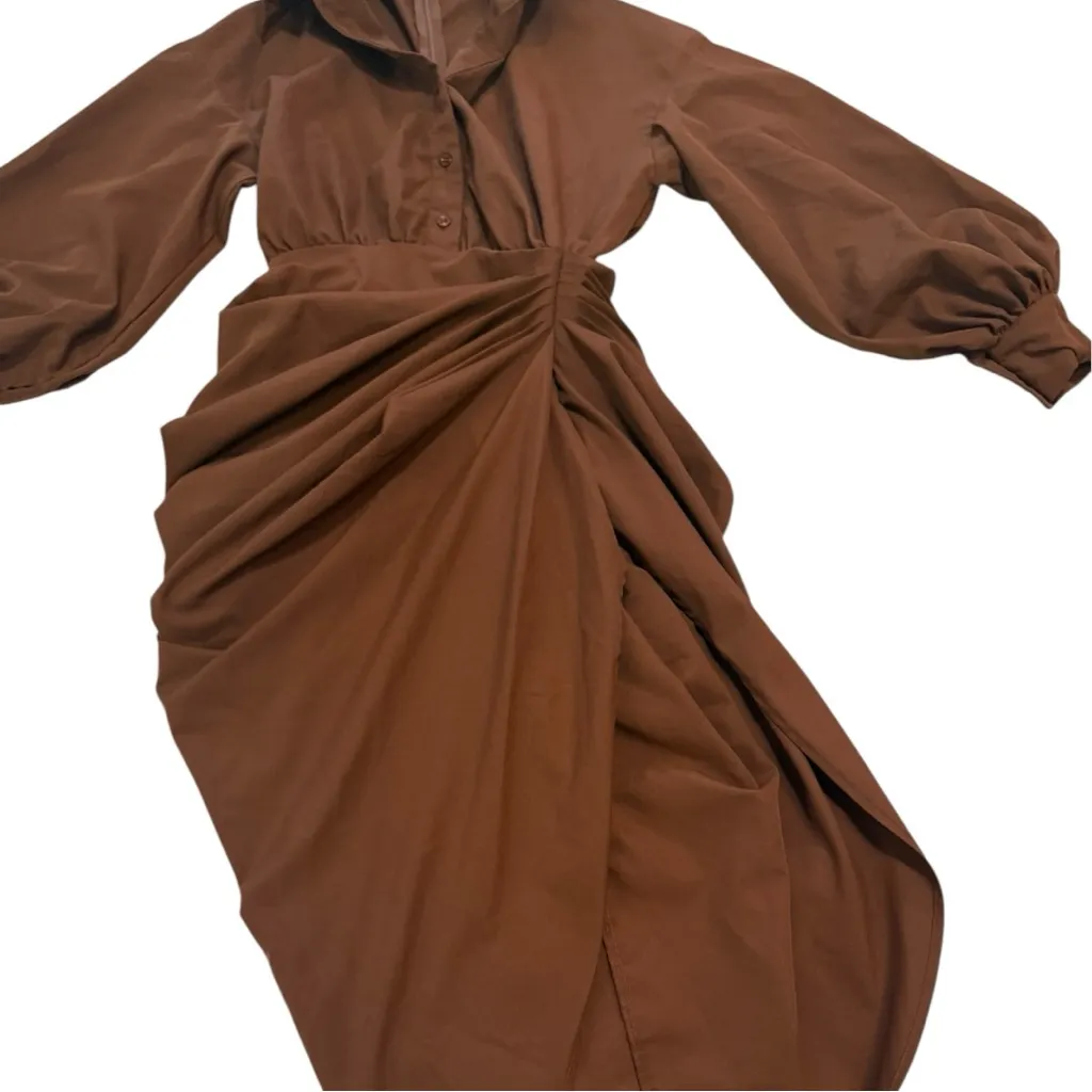 Balloon Sleeve Gathered Skirt Midi Shirt Dress - Image 3