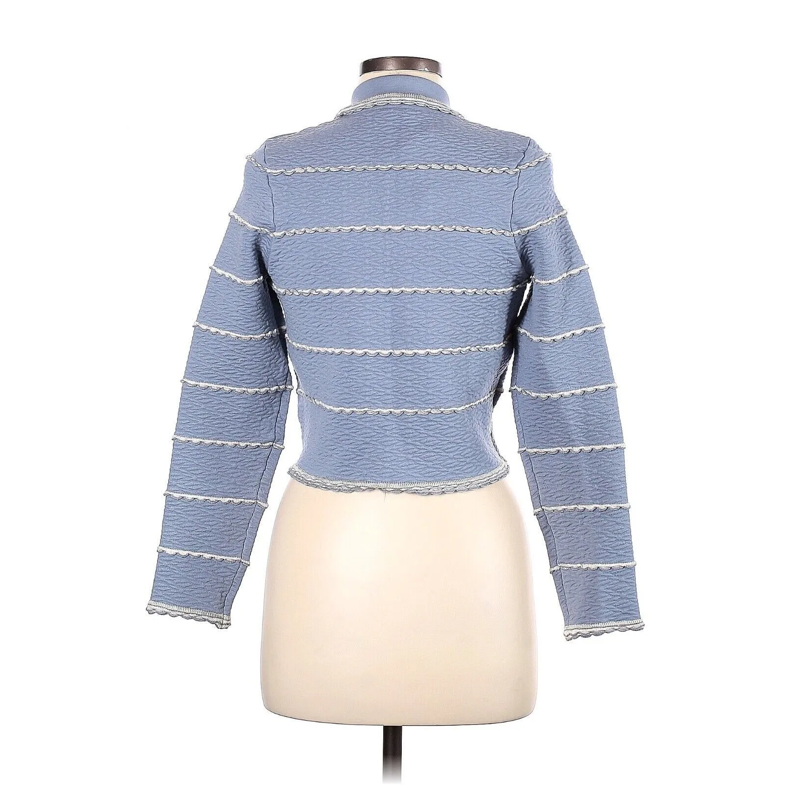 SANDRO Infinity Blue Scalloped Textured Contrast-Trim Cropped Coatigan - 4 (XL) - Image 3