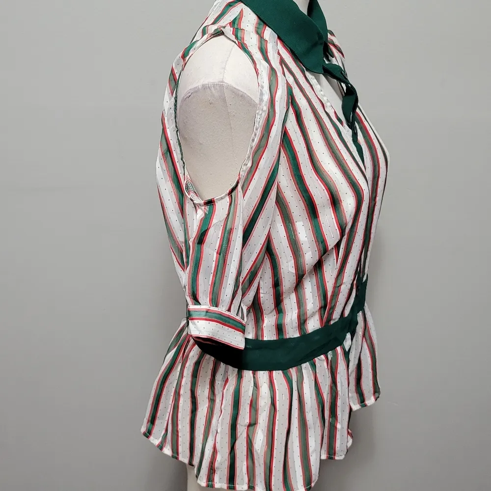 Eye Candy red green striped cutout cold shoulder blouse size medium - Image 4