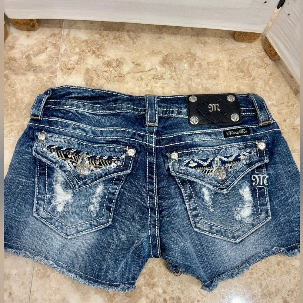 Miss Me Blue Distressed Jean Shorts with Bohemian Patches - Image 2