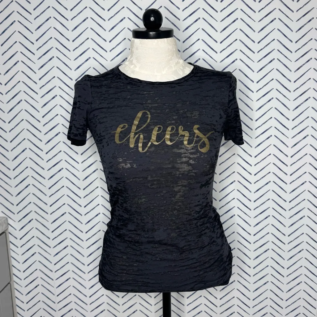 Black Burnout “Cheers” Graphic Tee Metallic Gold Festive Party Shirt Large Gray - Image 3