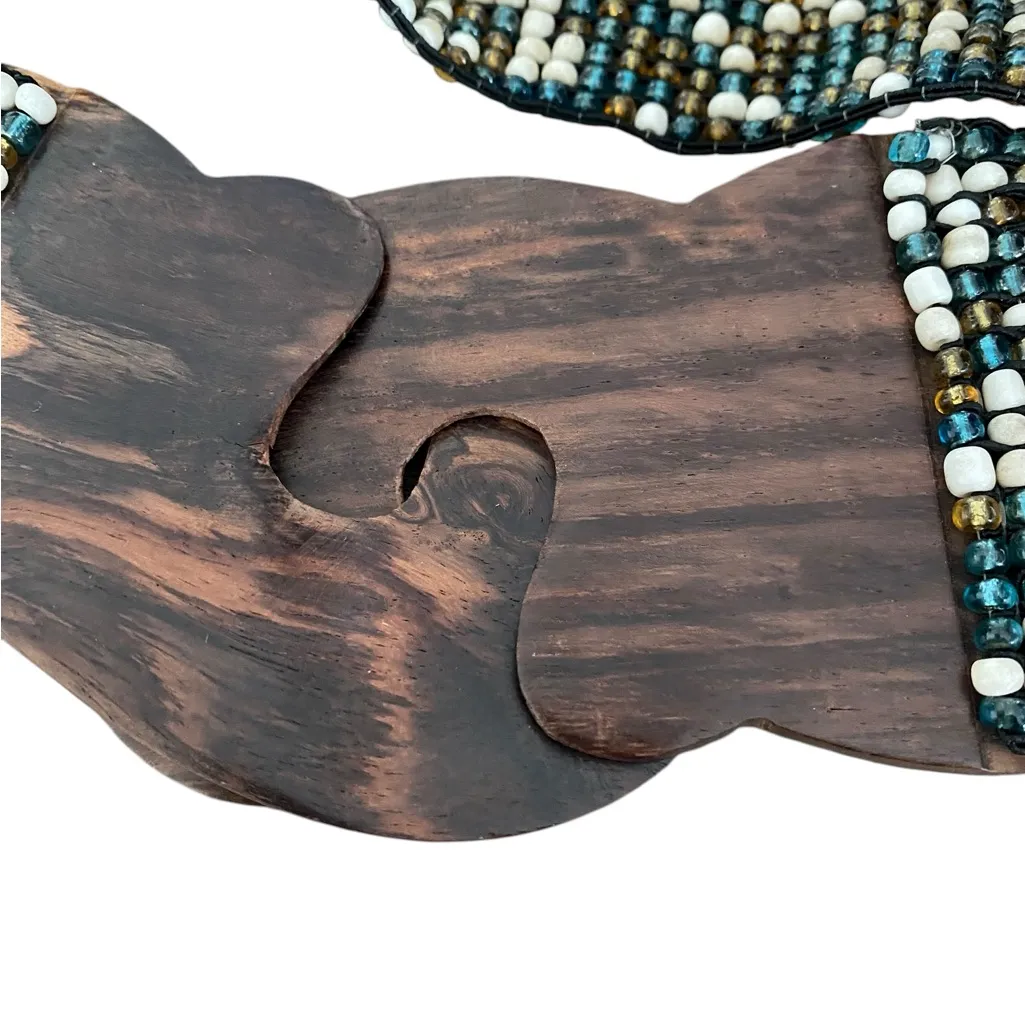 Vintage Beaded Stretchy Wide Waist Belt Wood Buckle Green Cream Gold - Image 5