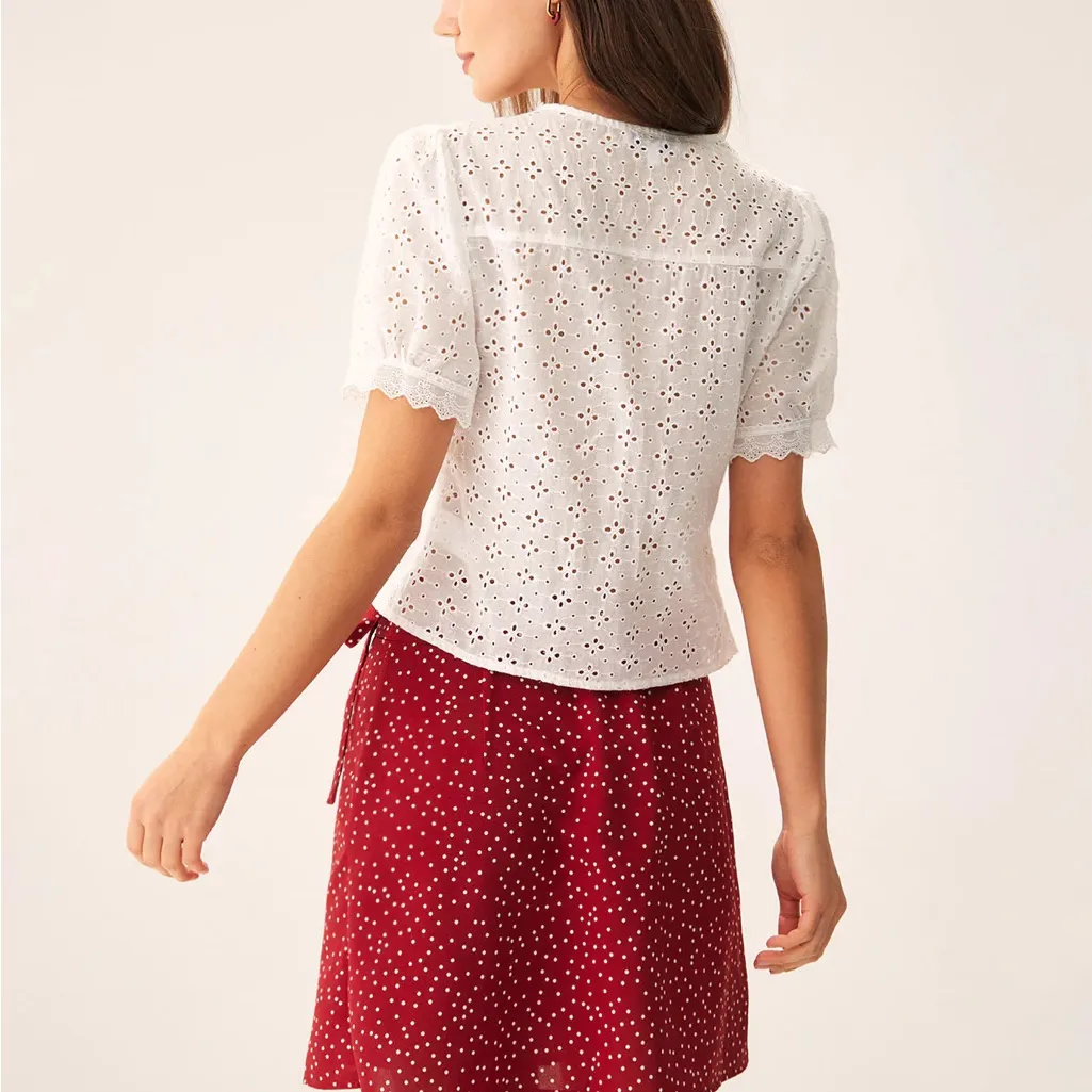 Rihoas White Embroidery Puffed Sleeve Blouse Size L - Image 4