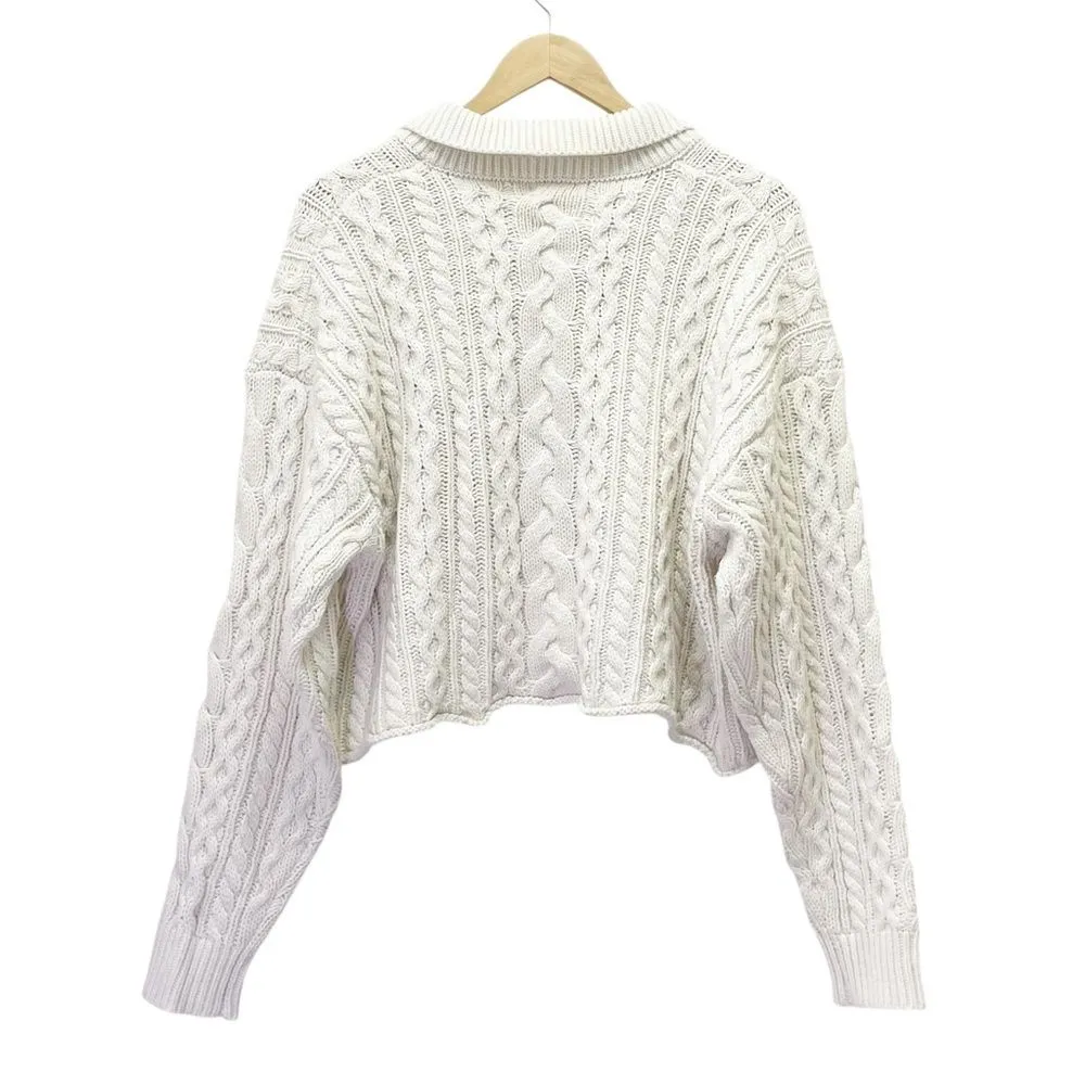 525 America Cable-Knit Polo Cropped Relaxed Sweater in Ivory Chalk Size Large - Image 5