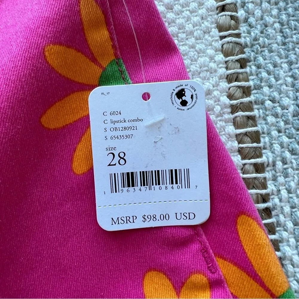 Free People Pink Lipstick Combo Floral Print High Rise Flare Jeans Women’s 28 - Image 11