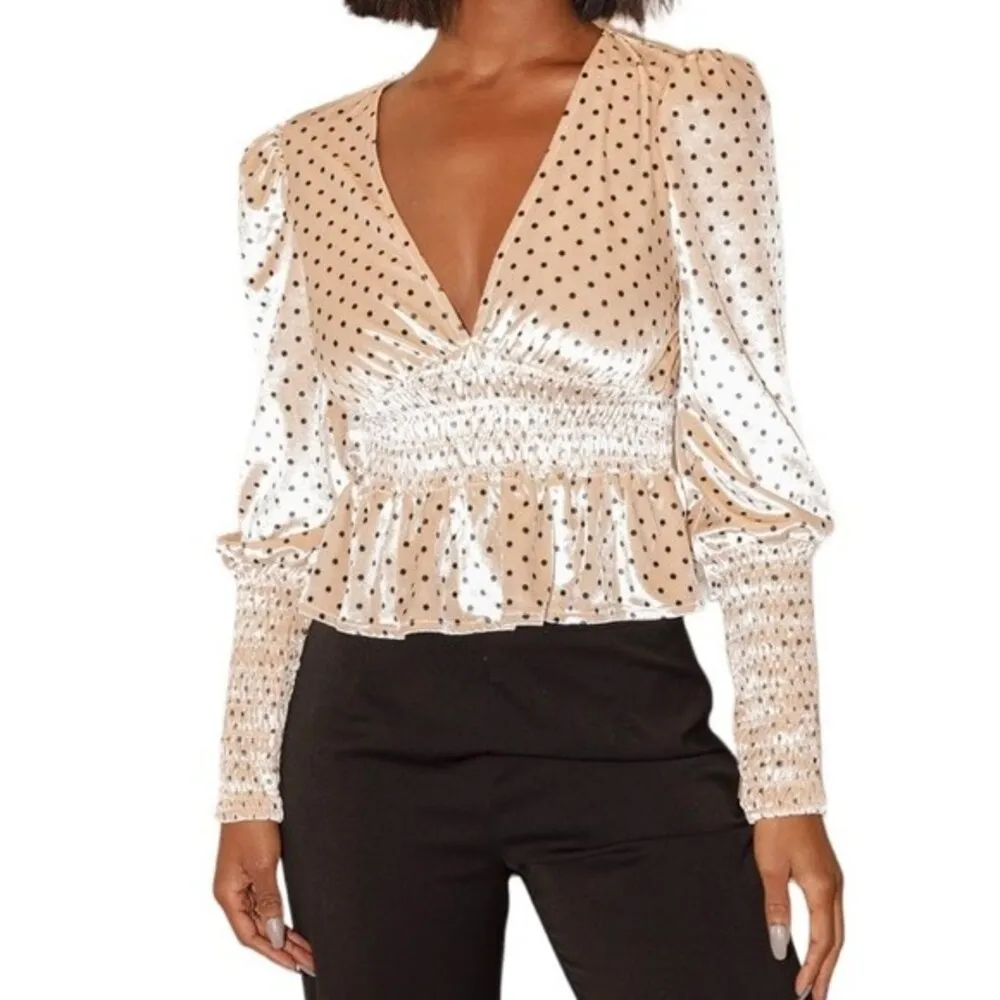 Lulus Top Chic Upgrade Champagne Polka Dot Velvet Smocked Blouse Size Small - Image 9