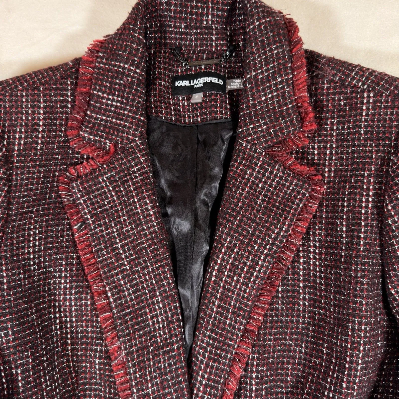 Karl Lagerfeld Paris Sz 8 Red Tweed Trim Notch - Image 6