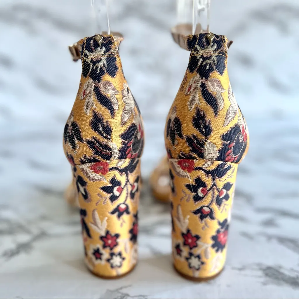 Sam Edelman Yaro Sandals Floral Jacquard Yellow Ankle Strap Block High Heels 9 - Image 6