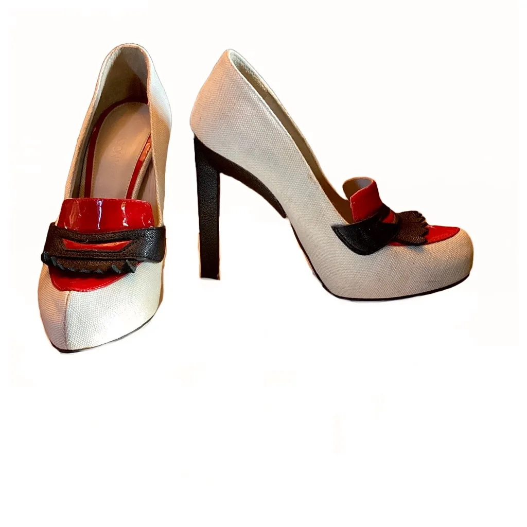 JASON WU LINEN ECRU W/RED & BLACK LEATHER HEELED LOAFERS (36) - Image 5