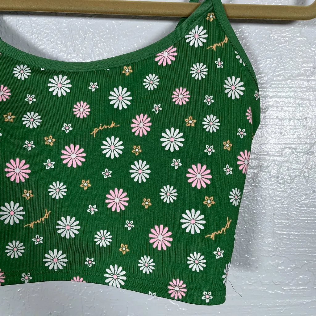 PINK Active Women M Green White Pink Daisy Sports Bra Twist Padded Athleisure - Image 2