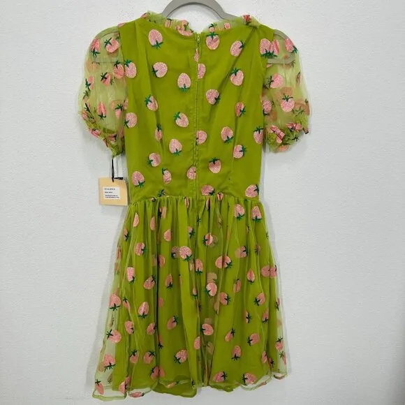 Smak Parlour Avocado & Pink Strawberry Print Woodstock Flare Dress Pinup Size M - Image 4