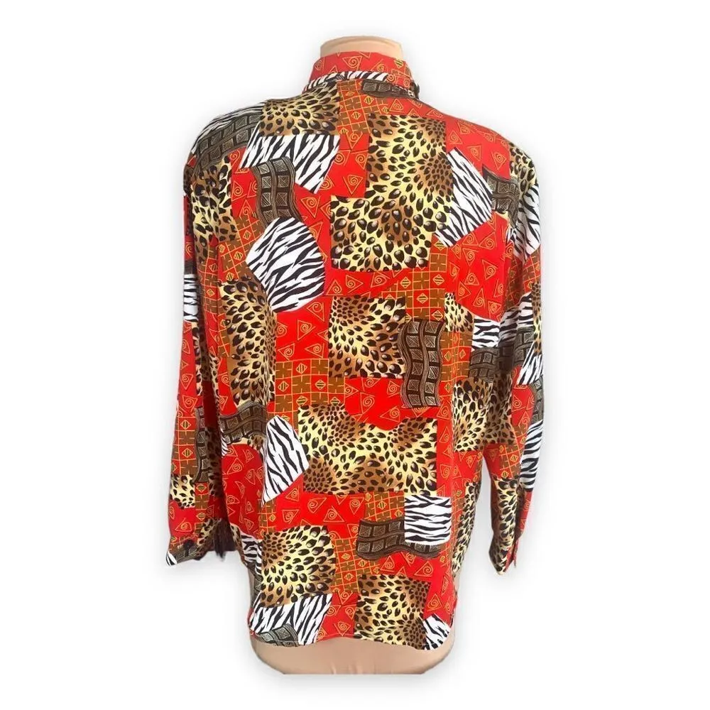 Vintage 80s Shirt Red Button Up Leopard Animal Zebra Print Abstract Art Medium Red - Image 4