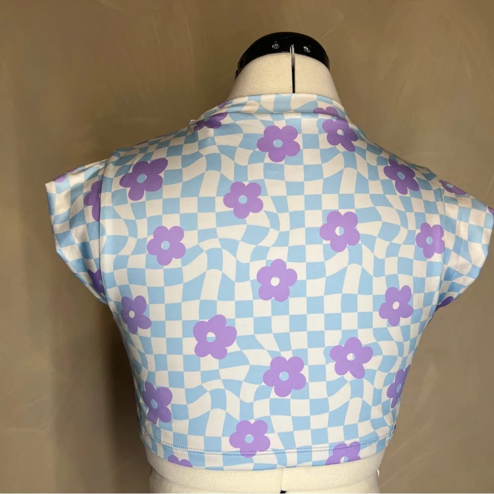 ONEONE Women Lavender Swimwear Piexe cropped tee Cap Sleeve Bikini Top,Boho|Sz:M - Image 3