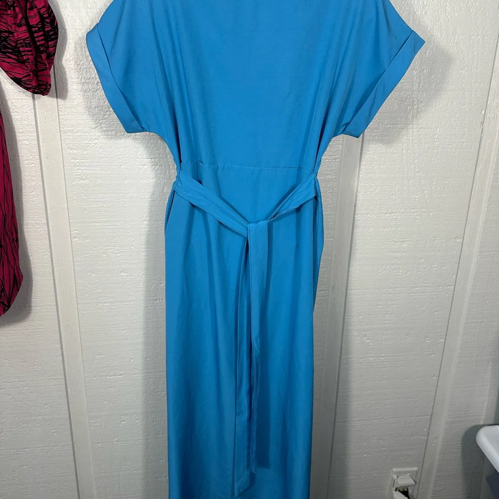 Button Down Ruched Short Sleeve Lapel V Neck Maxi Dress Size Small EUC - Image 8