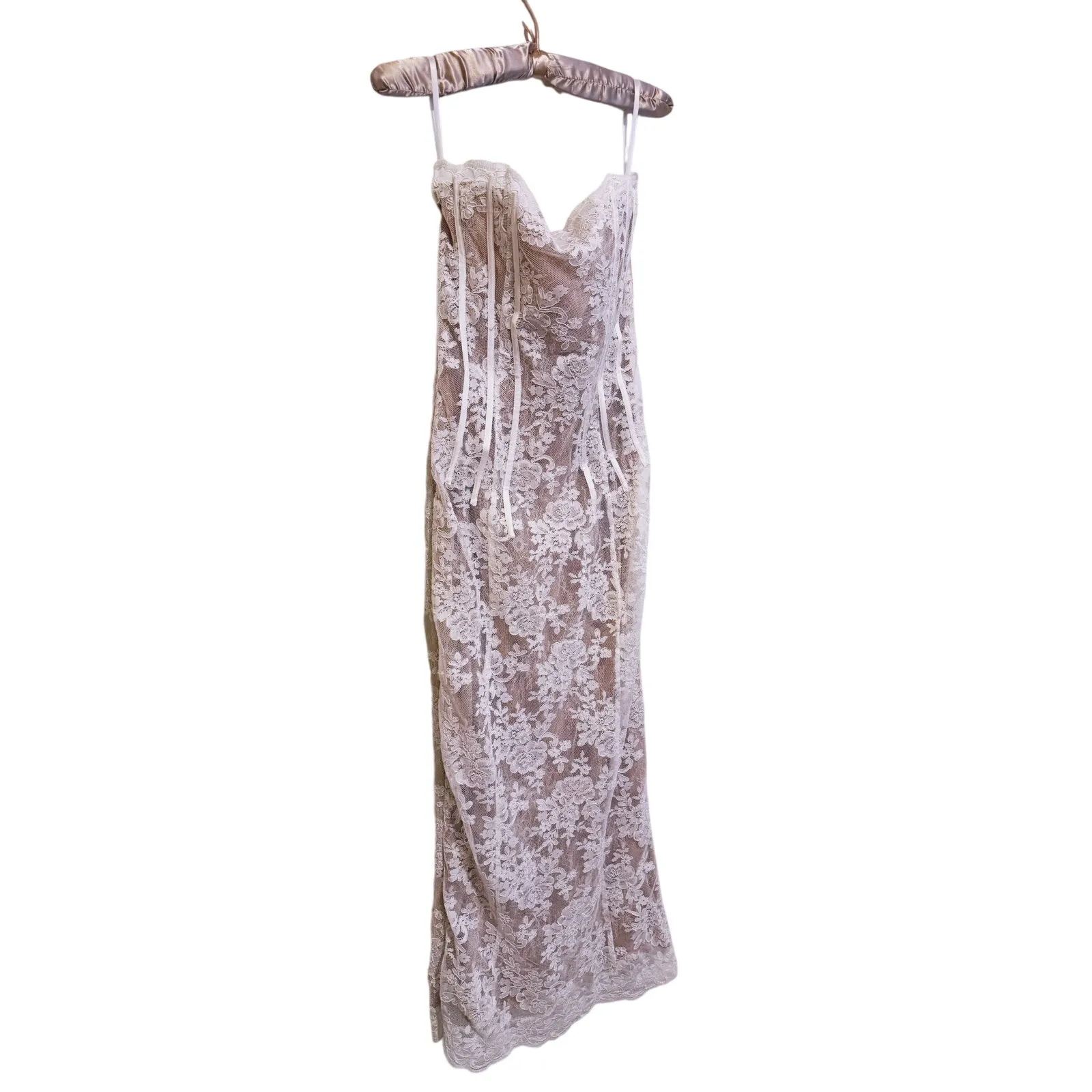 V. Chapman Bridal Capulet Strapless Corset Chantilly Lace Midi Dress 8 Romantic White - Image 10