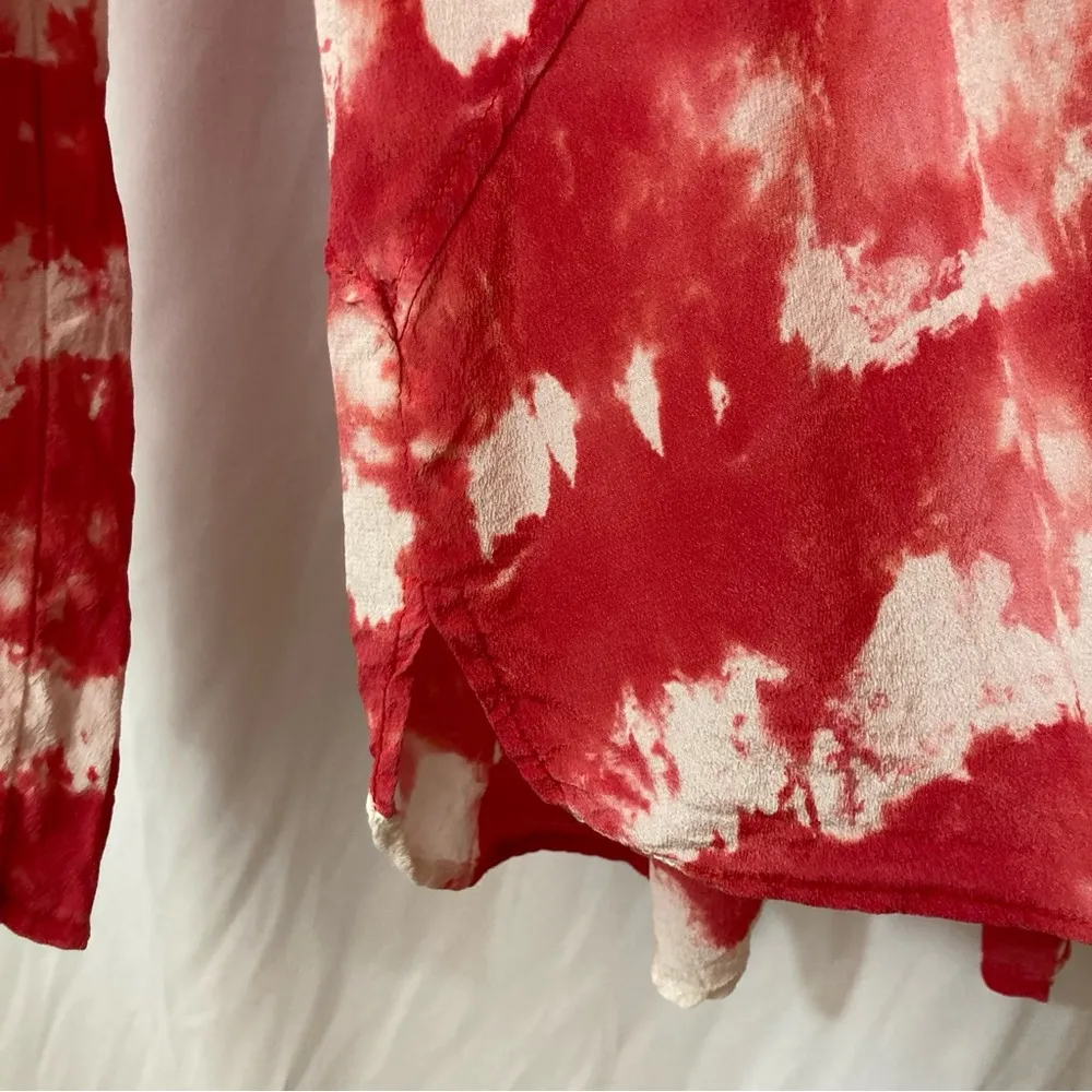 Red Haute 100% Silk Red and White Tie Dye Long Sleeve Button Back Blouse Top - Image 3