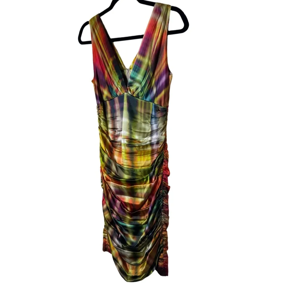 Teri Jon Rickie Freeman Multicolor Silk Ruched Dress Orange Size 8 - Image 2