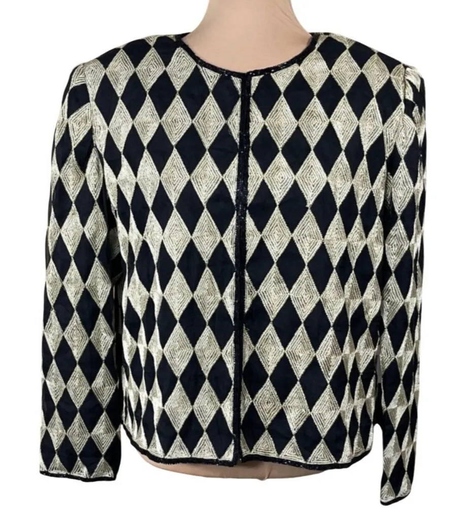 VTG Laurence Kazar Lady Jacket Size XL Gold Black Diamond Silk Beaded - Image 1