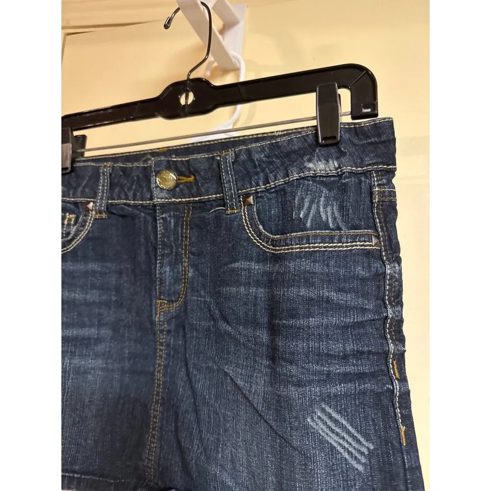 Y2K Candie’s Womens Distressed Denim Skirt With Embroidery Pockets & Raw Hem Siz Blue Size undefined - Image 3