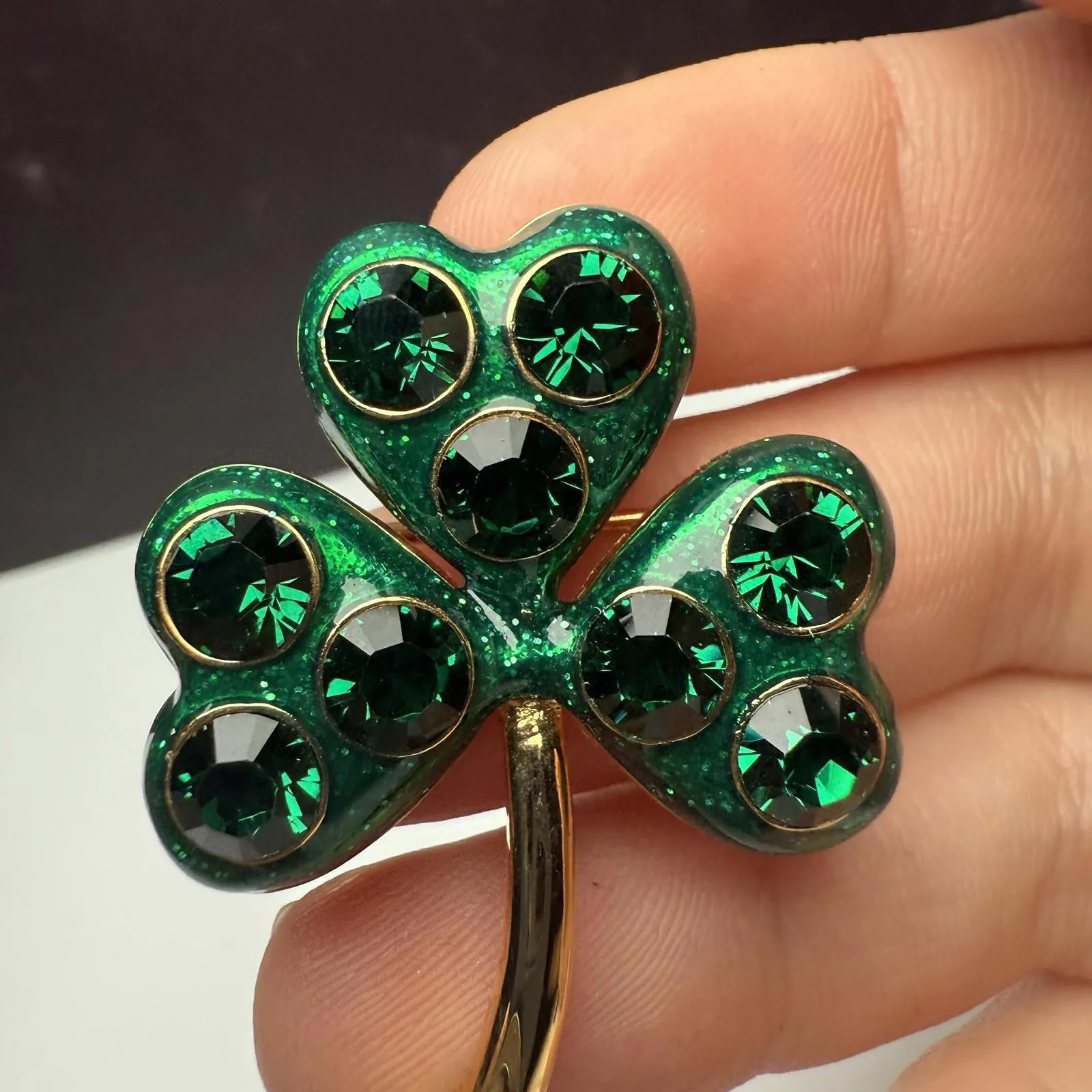 Green Rhinestone Three Leaf Clover Shamrock Brooch Pin Gold Tone St Patrick’s - Image 8