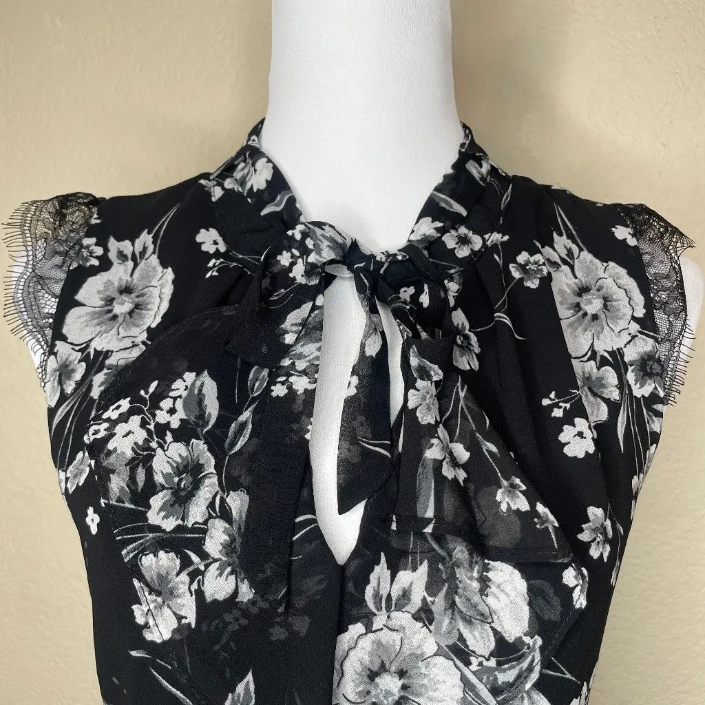 Black Floral Lace Cap Sleeve Tie Neck Lightweight Blouse Medium Career - Image 3