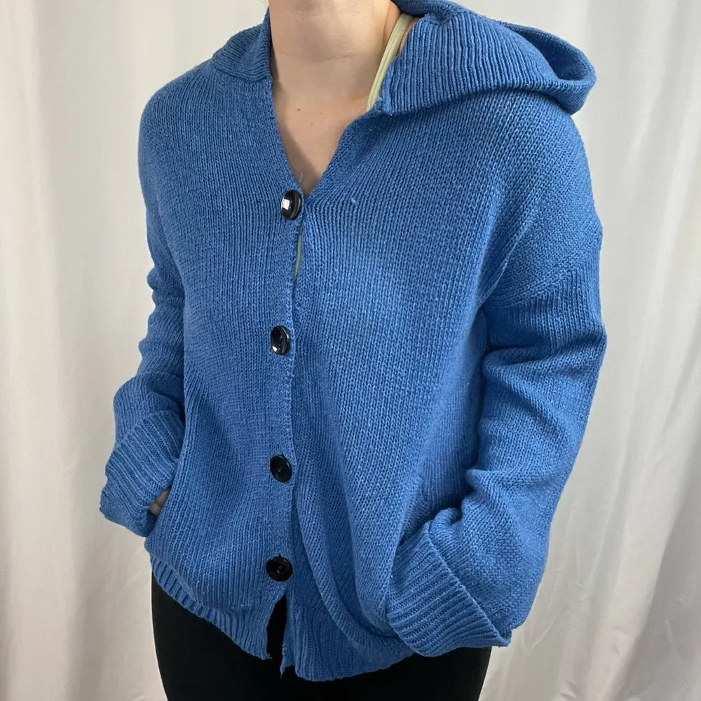 Vintage Large Slouchy Hooded Chunky Cuffed Ribbed Cardigan Shacket Jacket Blue - Image 4