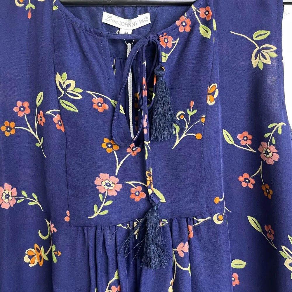 Love Johnny Was Silk Dress Medium Blue Floral Tassels Sheer Flowers In The Wind - Image 4