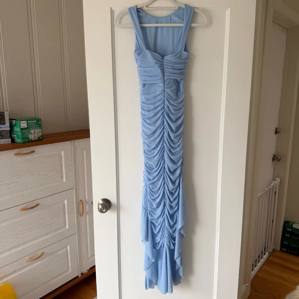 Selfie Leslie Blue Sleeveless Ruched Ruffle Asymmetrical Maxi Dress XSmall NWT - Image 4