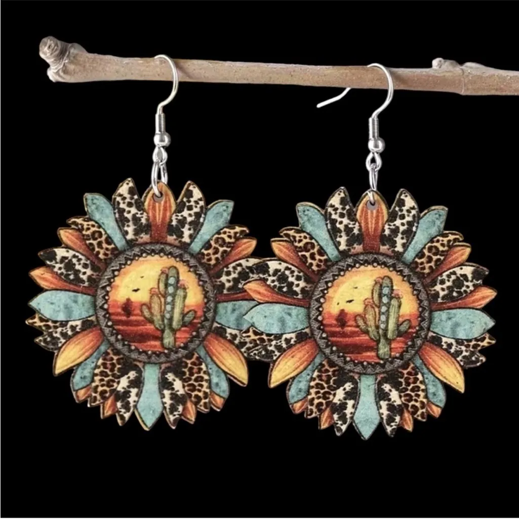 Sunflower shaped pendant drop leopard pattern wooden hook‎ earrings - Image 8