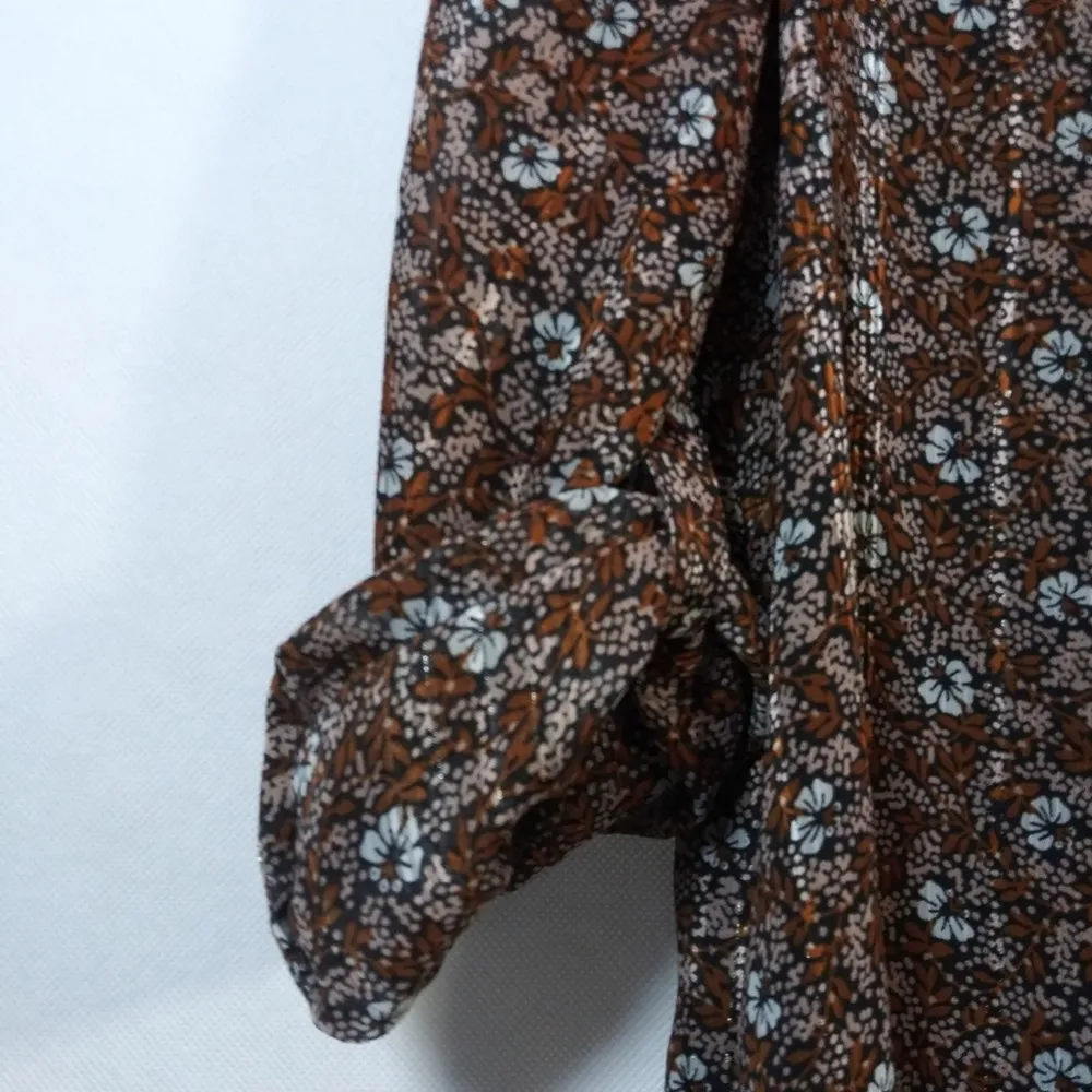 Pale Sky Brown Floral Roll Tab Sleeves Boho Blouse Size L Size L - Image 3