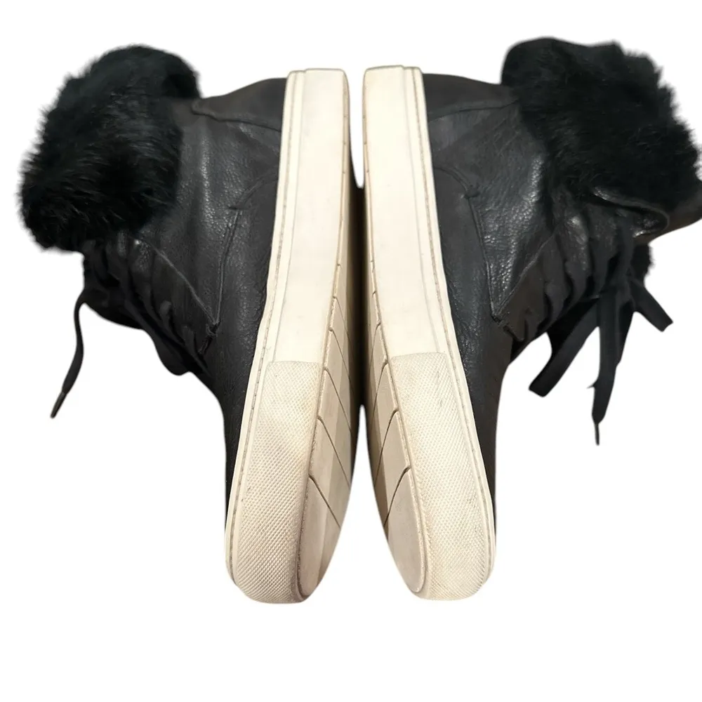 VINCE NYACK LADIES BLACK HIGH TOP RABBIT FUR TRIMMED SNEAKERS 9 - Image 3