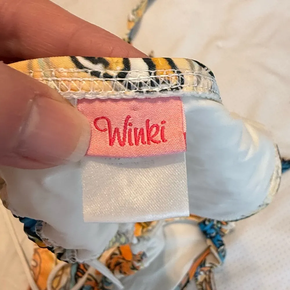 Winki Dragon Print Bikini Triangle Halter Top Side Tie Bottoms Size Small Orange - Image 5