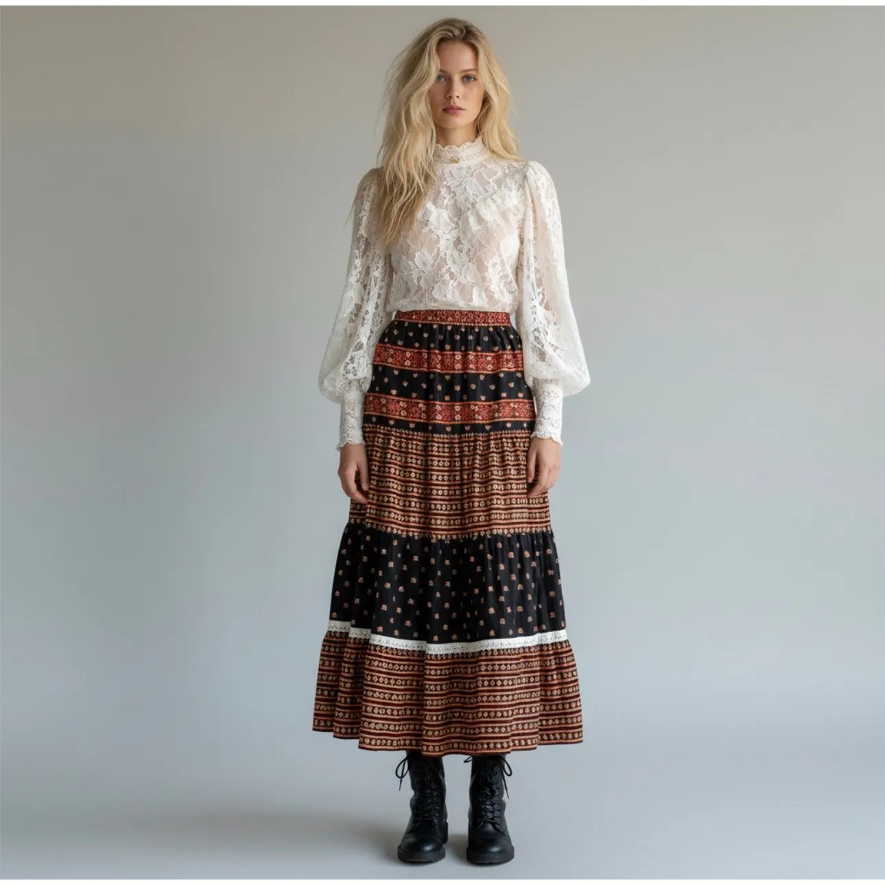 Vintage 70s Western Bohemian Prairie Maxi Skirt Size 11 Floral Lace Hippie Fall Blue - Image 14