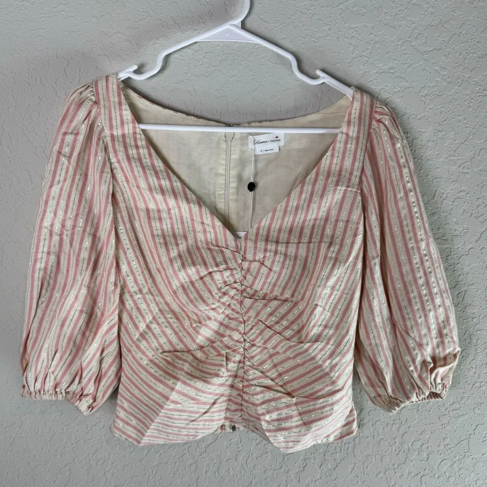 NWT Lovers + Friends Cottagecore Ruched Puff Sleeve Pink Stripe Top - Image 2